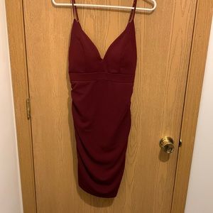 Maroon low back mini dress with synched sides and back